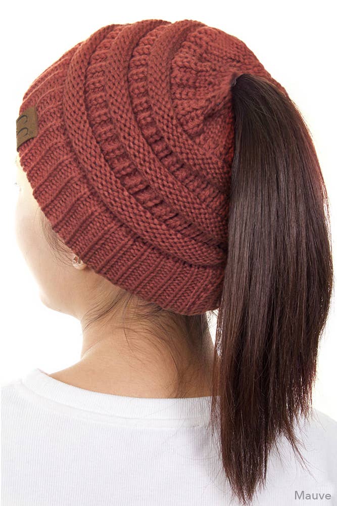 C.C Solid Color Ponytail Messy Bun Beanie: Navy