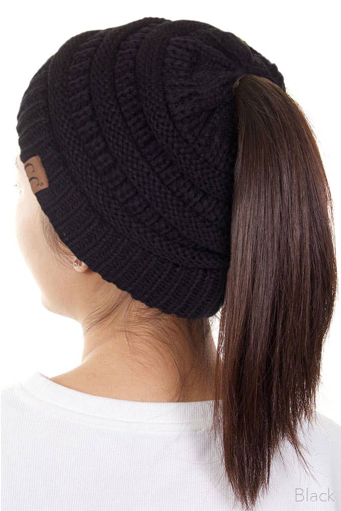 C.C Solid Color Ponytail Messy Bun Beanie: Mustard