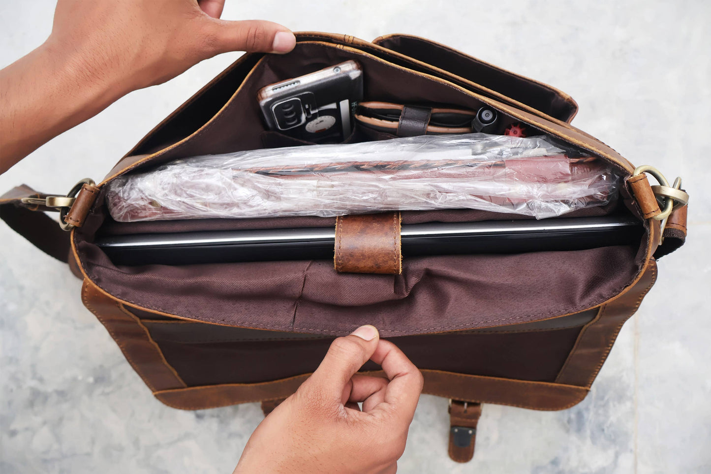 Buffalo Leather Double Pocket Messenger Bag