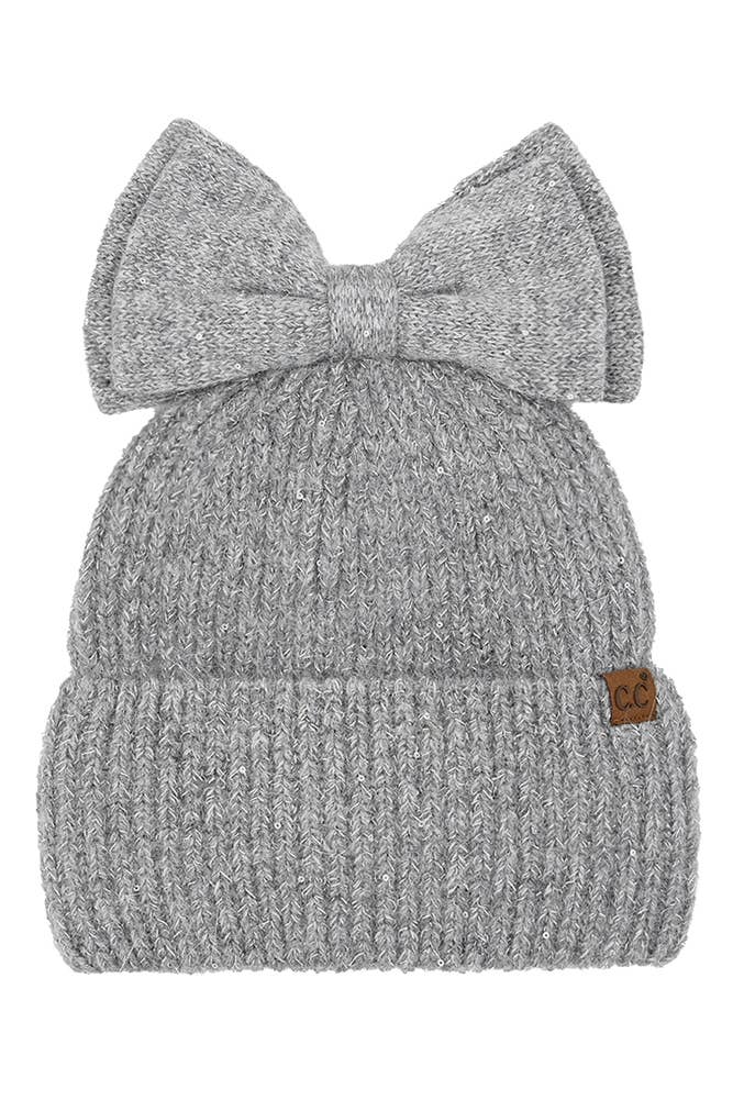 Hana - C.C Messy Bun Bow Beanie with Sequins Winter Hat