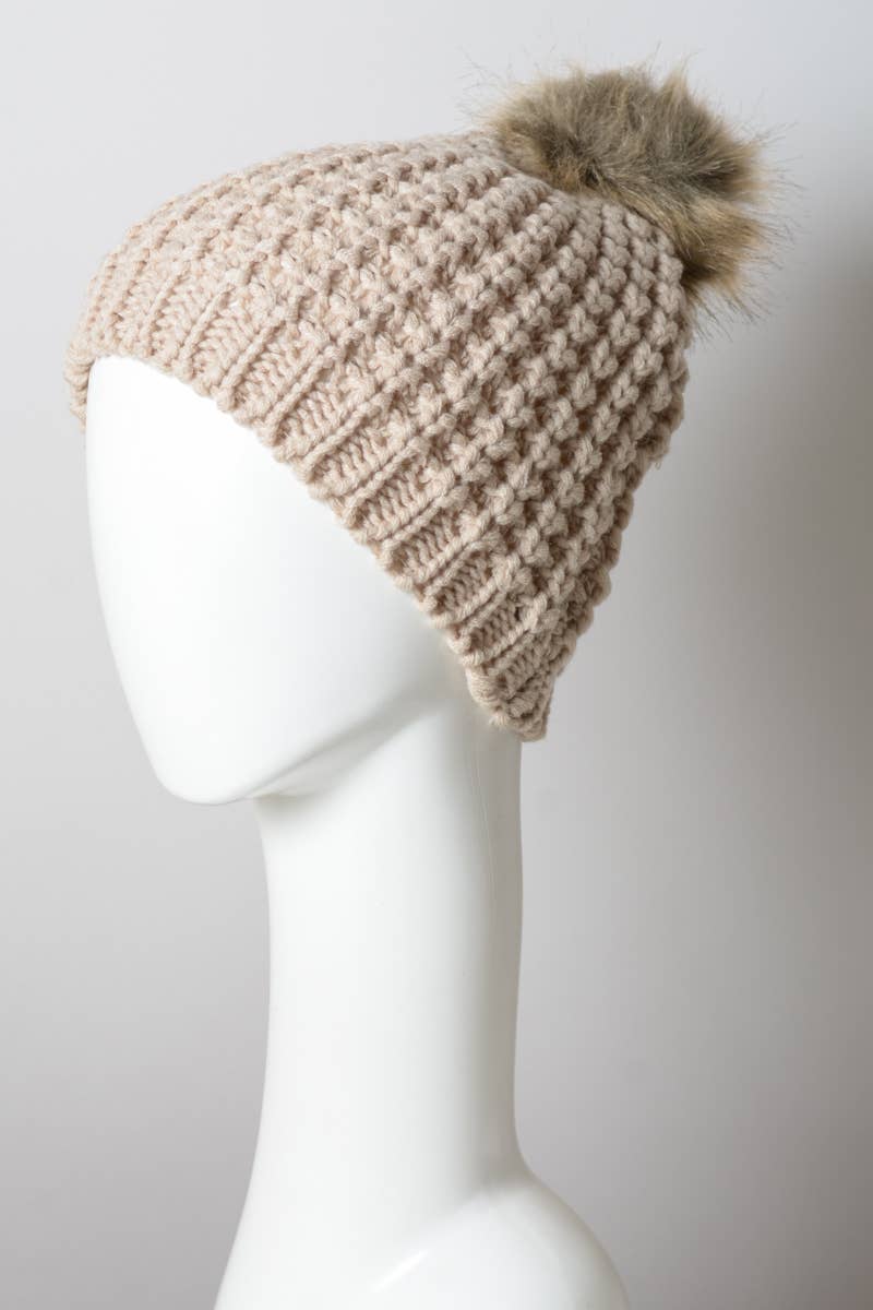 Textured Beanie With Pom Pom: Ivory