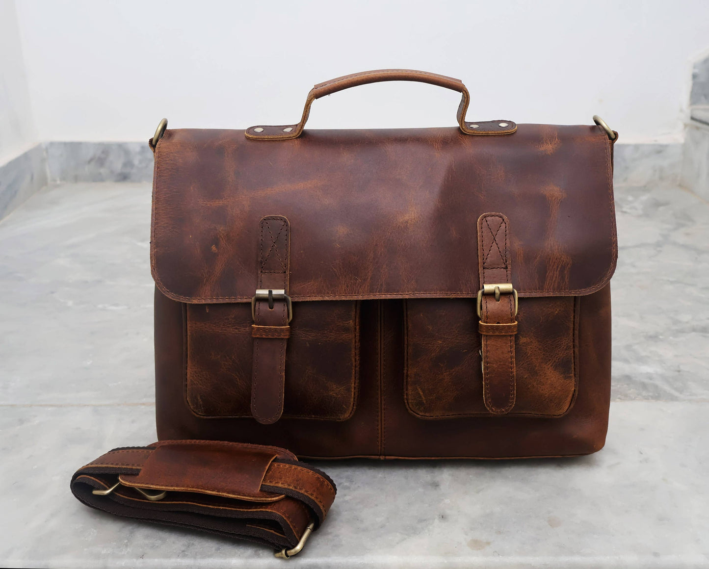 Buffalo Leather Double Pocket Messenger Bag