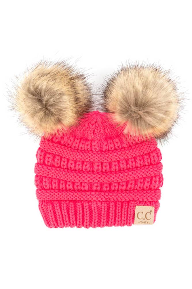 C.C Solid Ribbed Infant Natural Fur Double Pom Pom Beanie: New Candy Pink