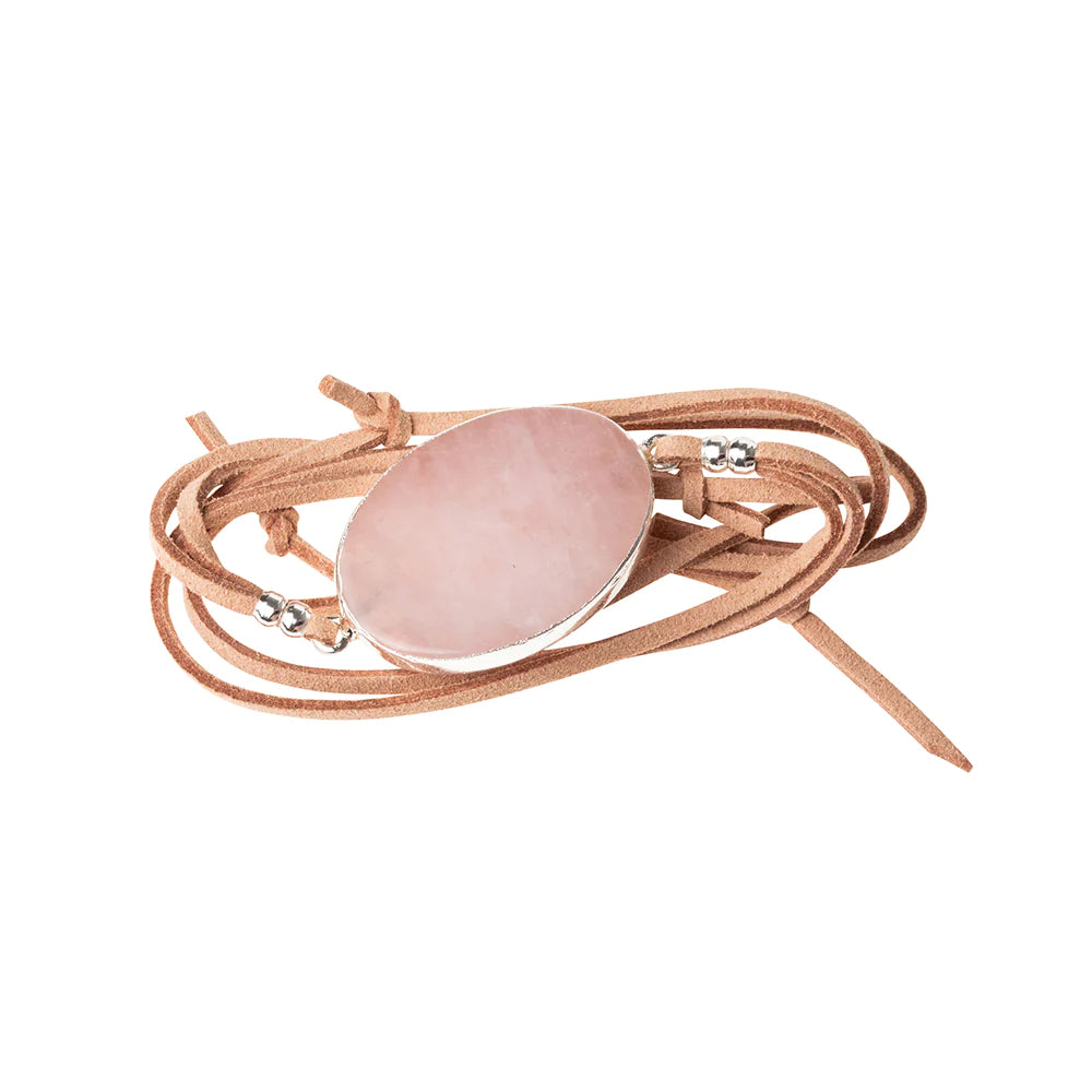 Suede & Stone Wrap Bracelet + Necklace | Rose Quartz + Silver