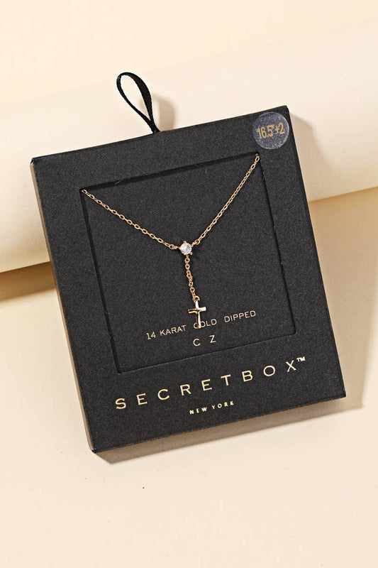 Secret Box Dainty Cross Charm Y Necklace