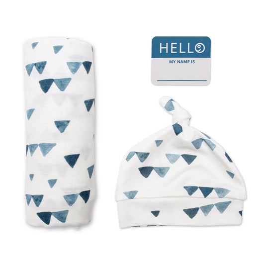 Hello World | Hat & Swaddle Set Blue Triangles