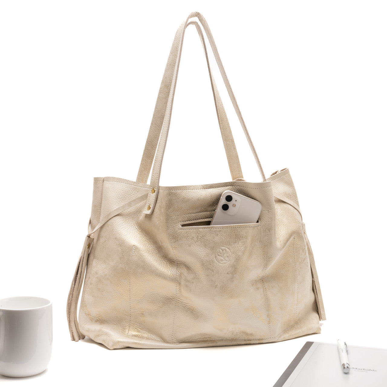 Valise Leather Tote with Gold Embellishments