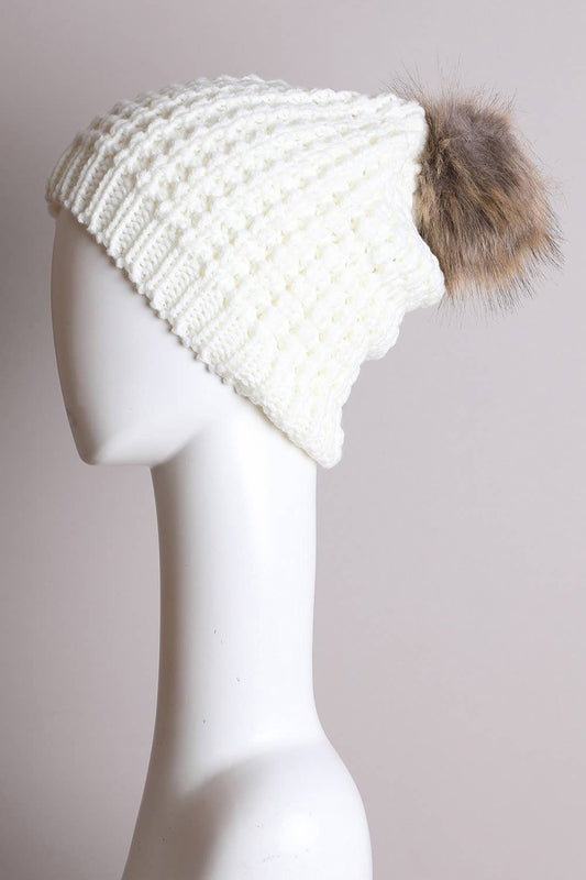 Textured Beanie With Pom Pom: Ivory