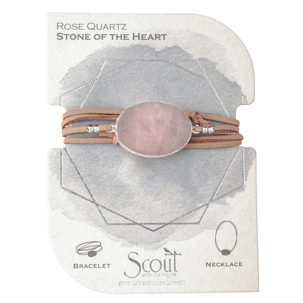 Suede & Stone Wrap Bracelet + Necklace | Rose Quartz + Silver