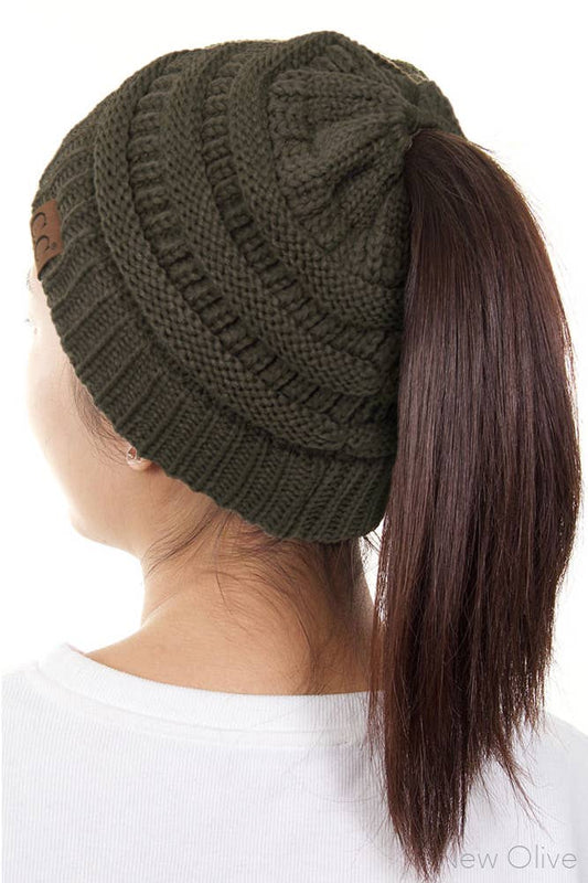 C.C Solid Color Ponytail Messy Bun Beanie: New Olive