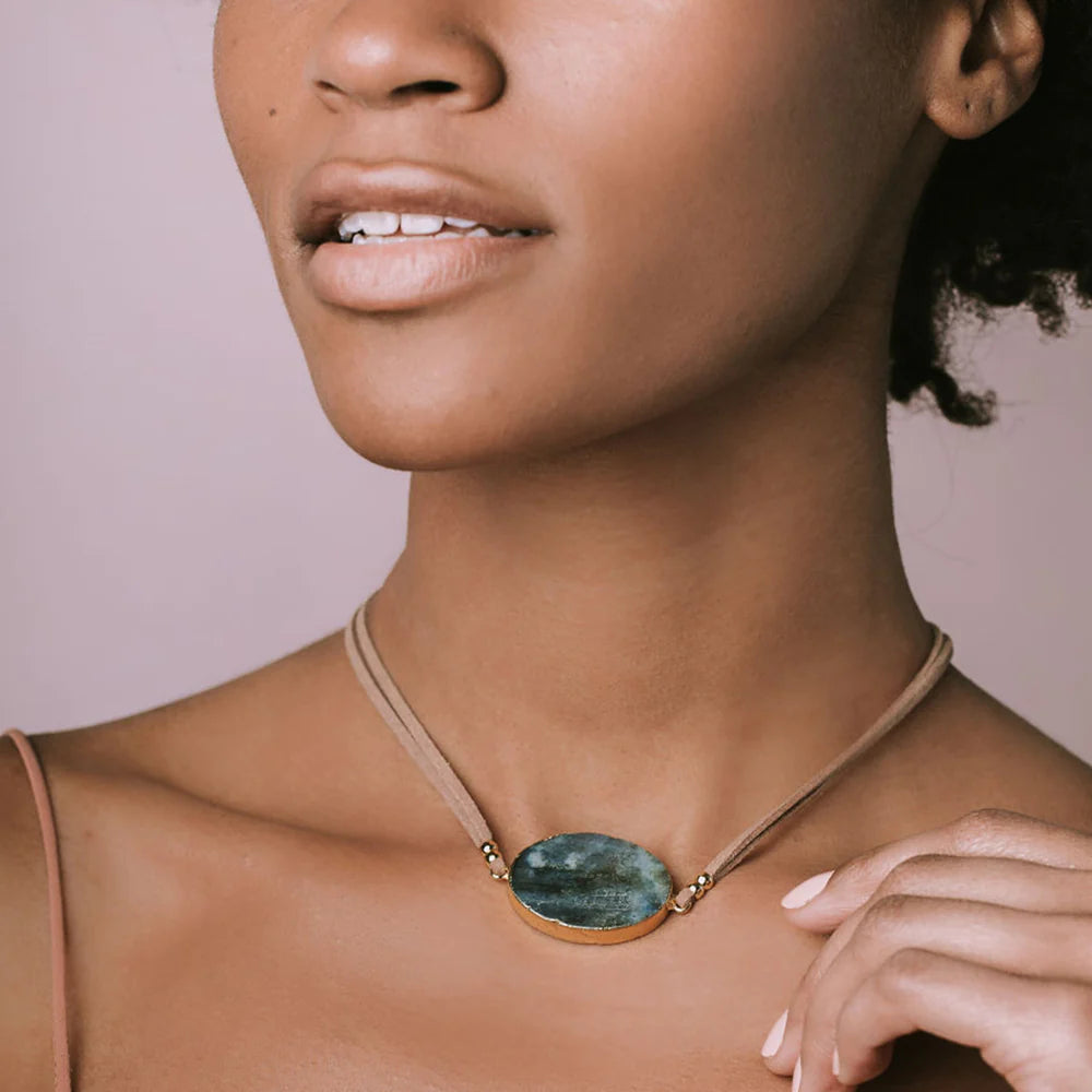 Suede & Stone Wrap Bracelet + Necklace | Amazonite+ Gold