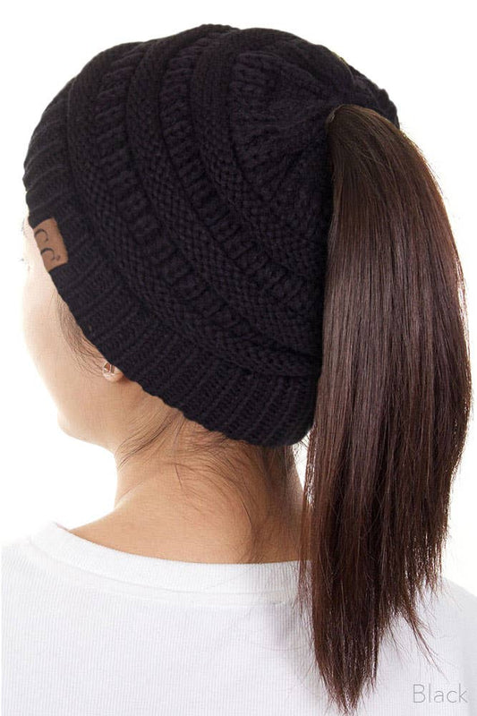 C.C Solid Color Ponytail Messy Bun Beanie: Black